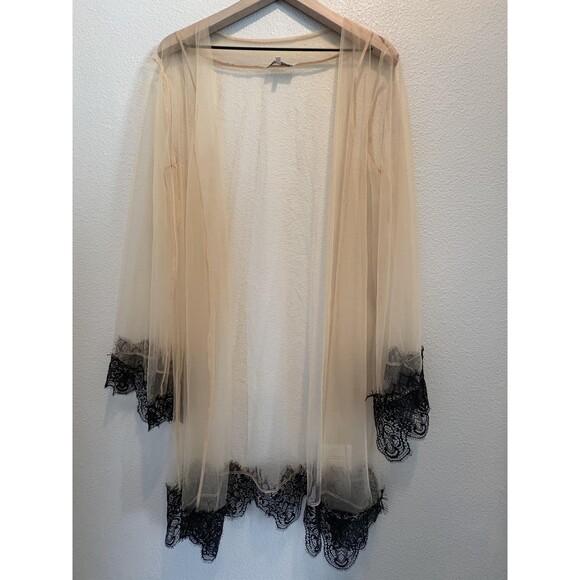 God Save Queens Other - God Save Queens Robe Womens Medium Beige Sheer Mesh Kimono Long Sleeve Lace